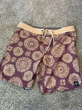 Thalia Surf Brown & Tan Patterned Swim Trunks - Drawstring Waist